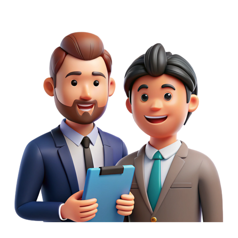 two 3d cartoon men in business suits holding a tablet png