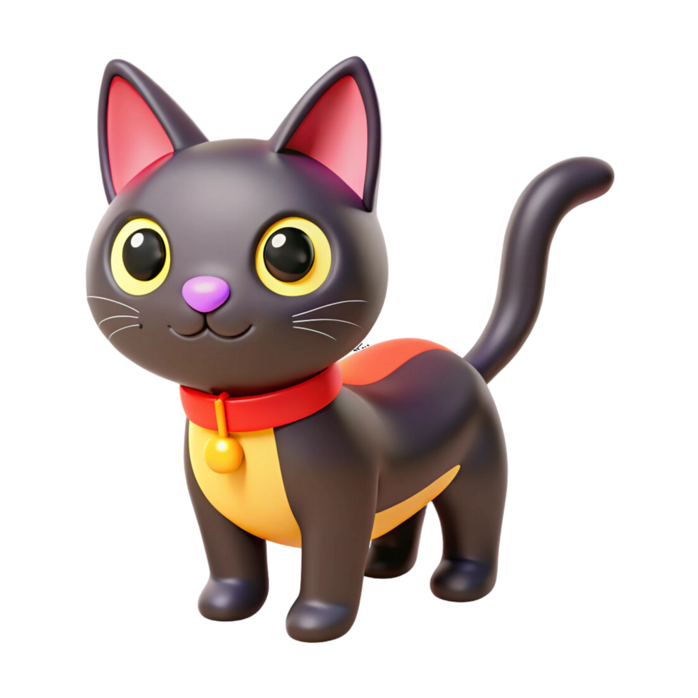 A 3d black cat with yellow eyes and a red collar png