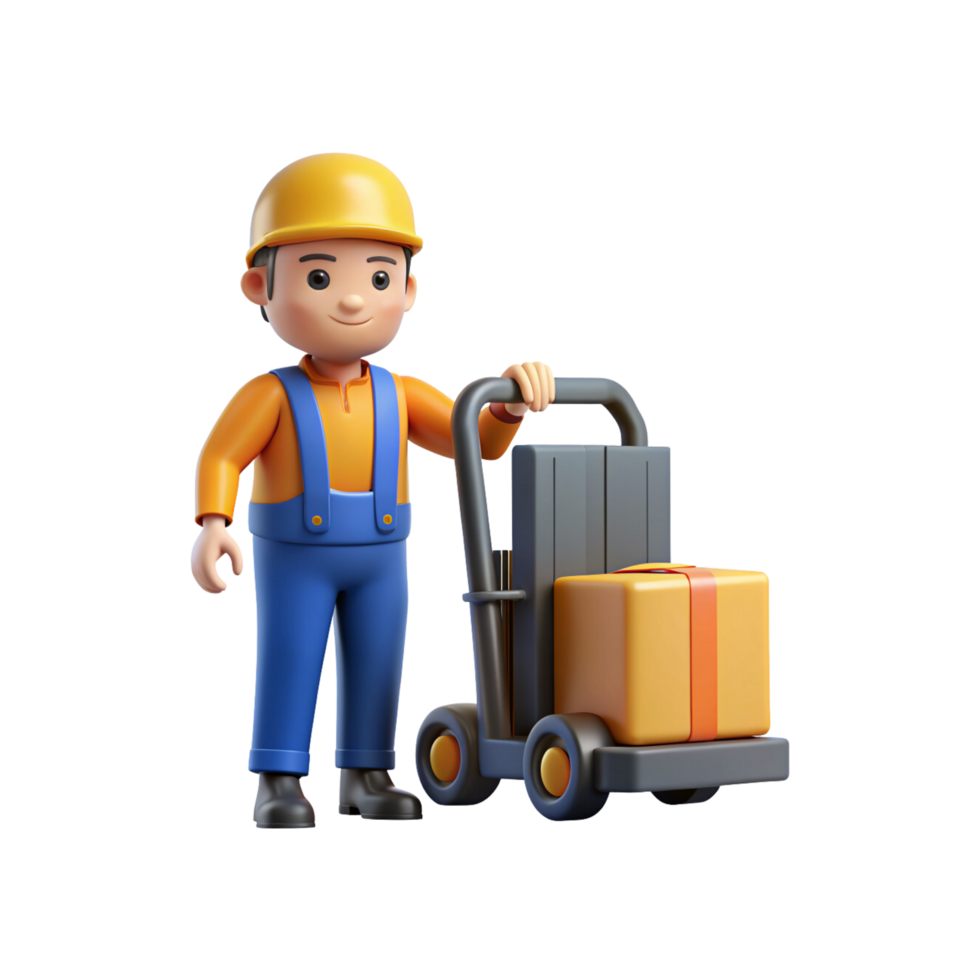 3d cartoon worker with a cart png