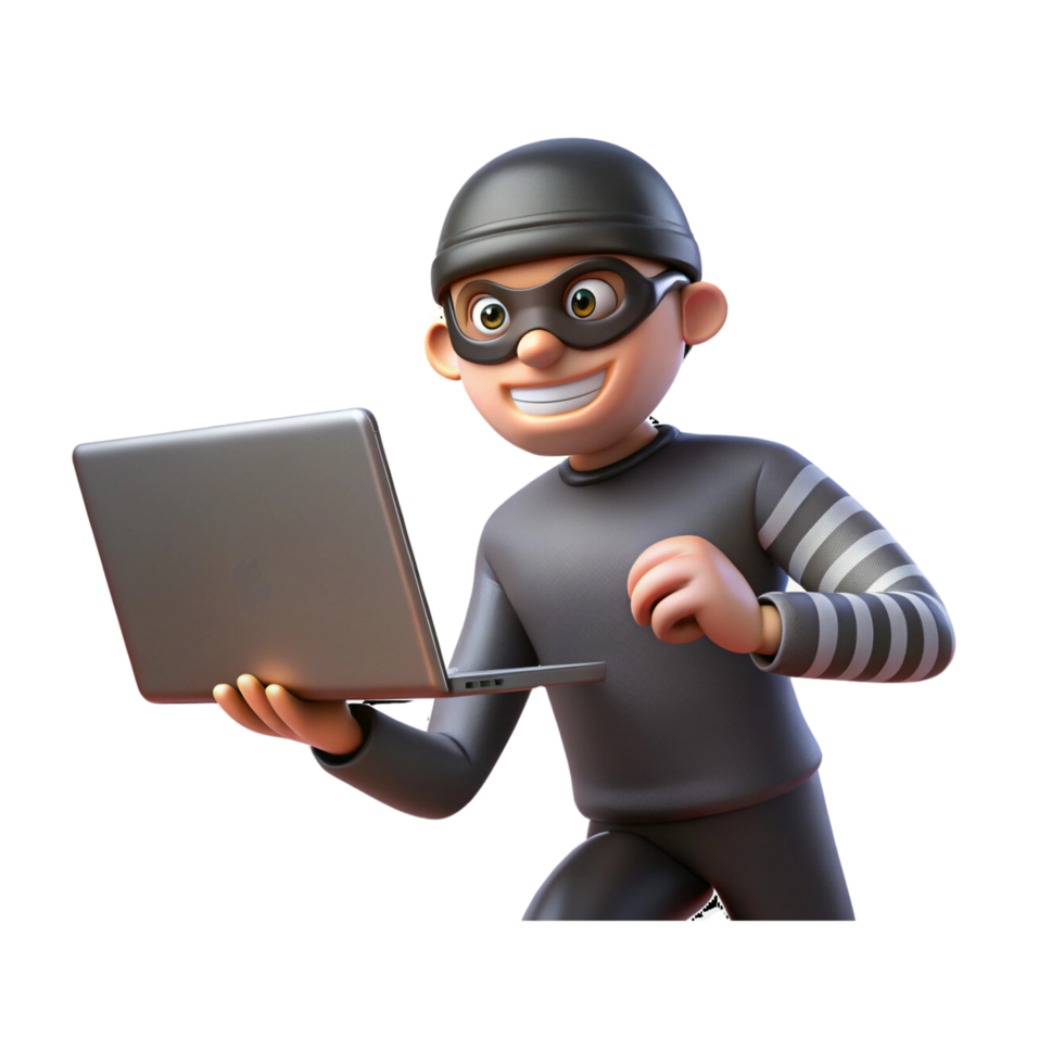 A 3d cartoon thief with a laptop png