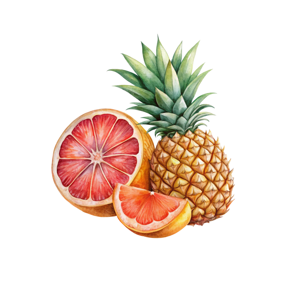 Pineapple and grapefruit on transparent png