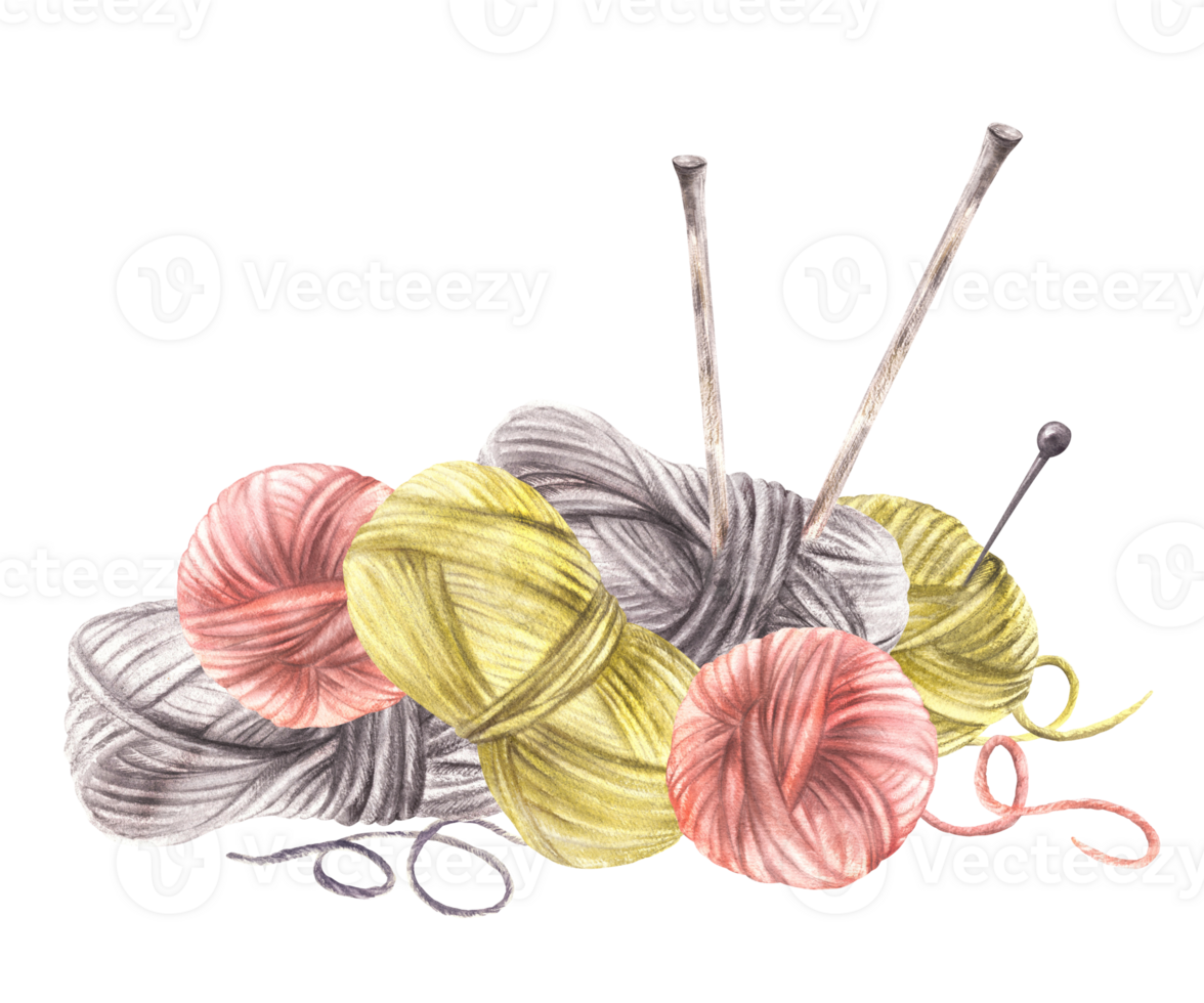 Balls of yarn, threads. Hobby knitting arrangement. Watercolor hand drawn illustration Skeins of string with knitting needles. Knitting sticker, handicrafts gift card, label isolated from background png
