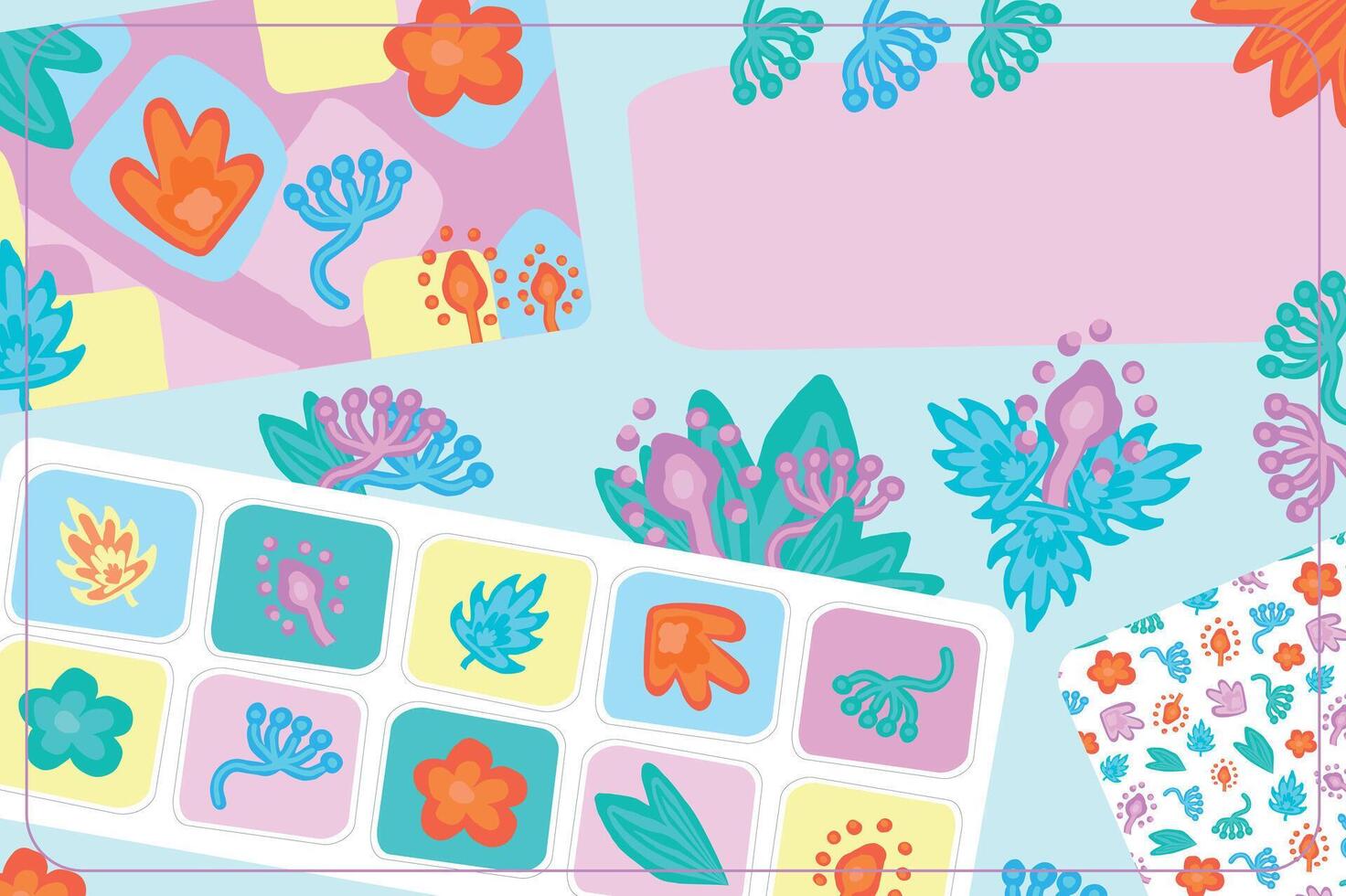 Colorful floral collection in bright Memphis style with botanical design elements and patterns. Includes sheets of vibrant floral stickers, abstract background, seamless pattern, nature illustrations vector