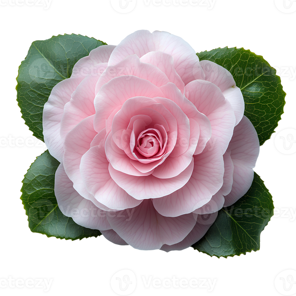 Pink camellia flower top view , flat lay design, isolated on transparent background. Elegant camellia flower with green leaves png