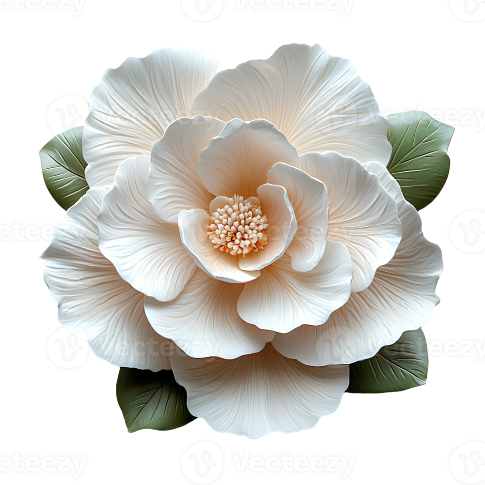 White camellia flower top view , flat lay design, isolated on transparent background. Elegant camellia flower with green leaves png