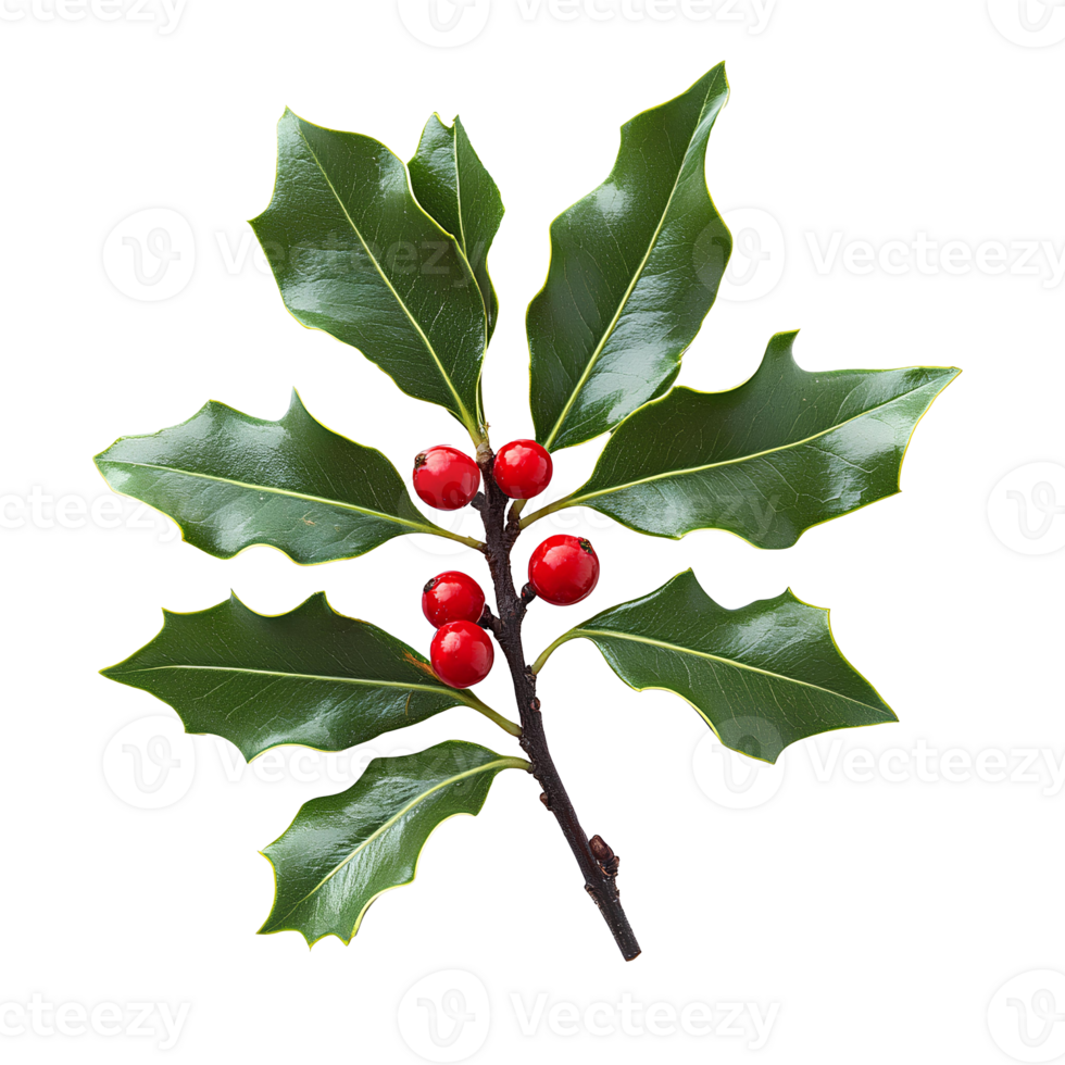 Mistletoe with red bow , top view,. Green mistletoe leaves with red berries, adorned with a festive red bow flat lay . Christmas decoration isolated png