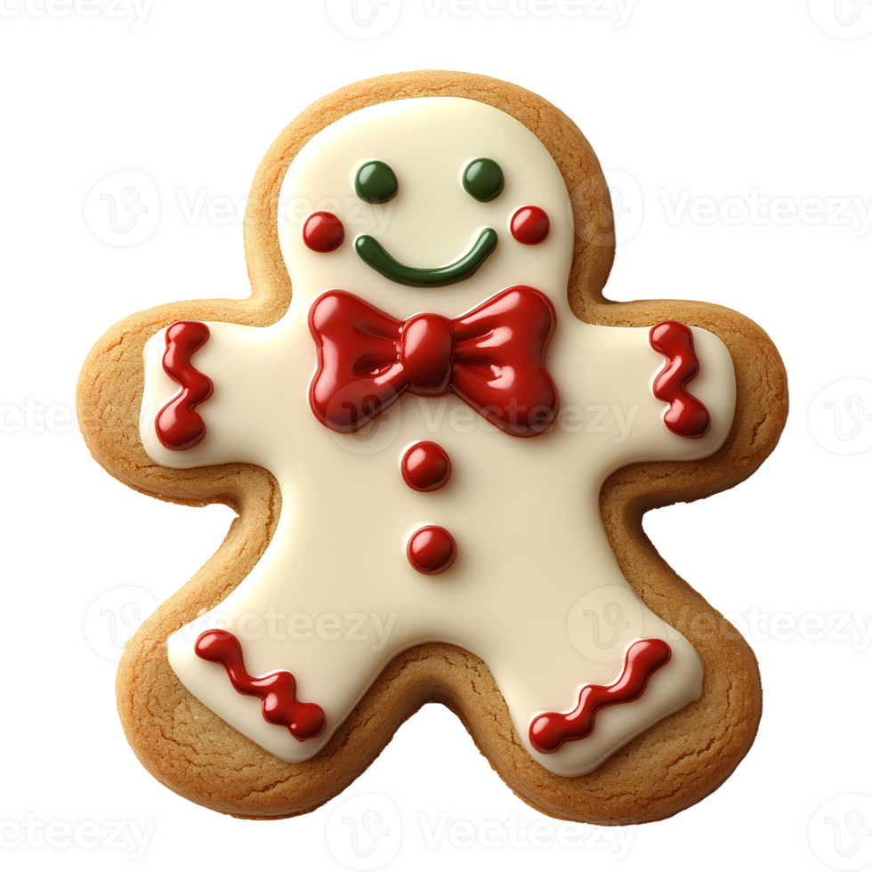 Gingerbread man cookie set . Classic holiday cookie with festive red and green icing accents on buttons and edges. Christmas gingerbread man top view . Gingerbread man cookie flat lay isolated png