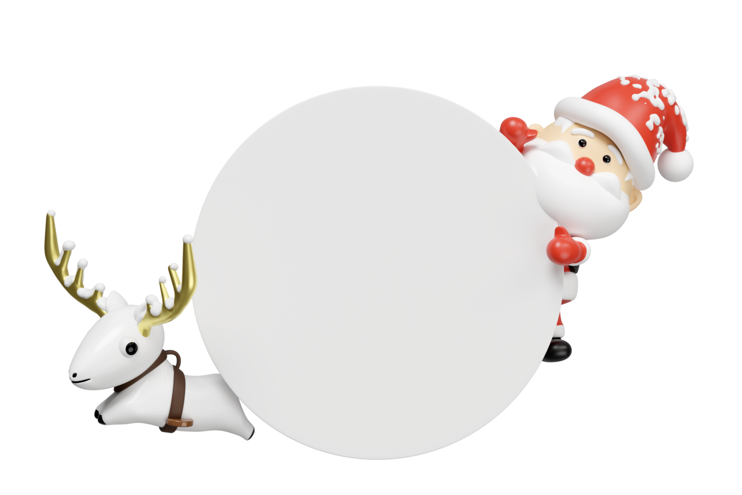 Santa claus and reindeer with round banner isolated. poster or happiness cards, merry christmas, festive New Year concept, 3d render illustration png