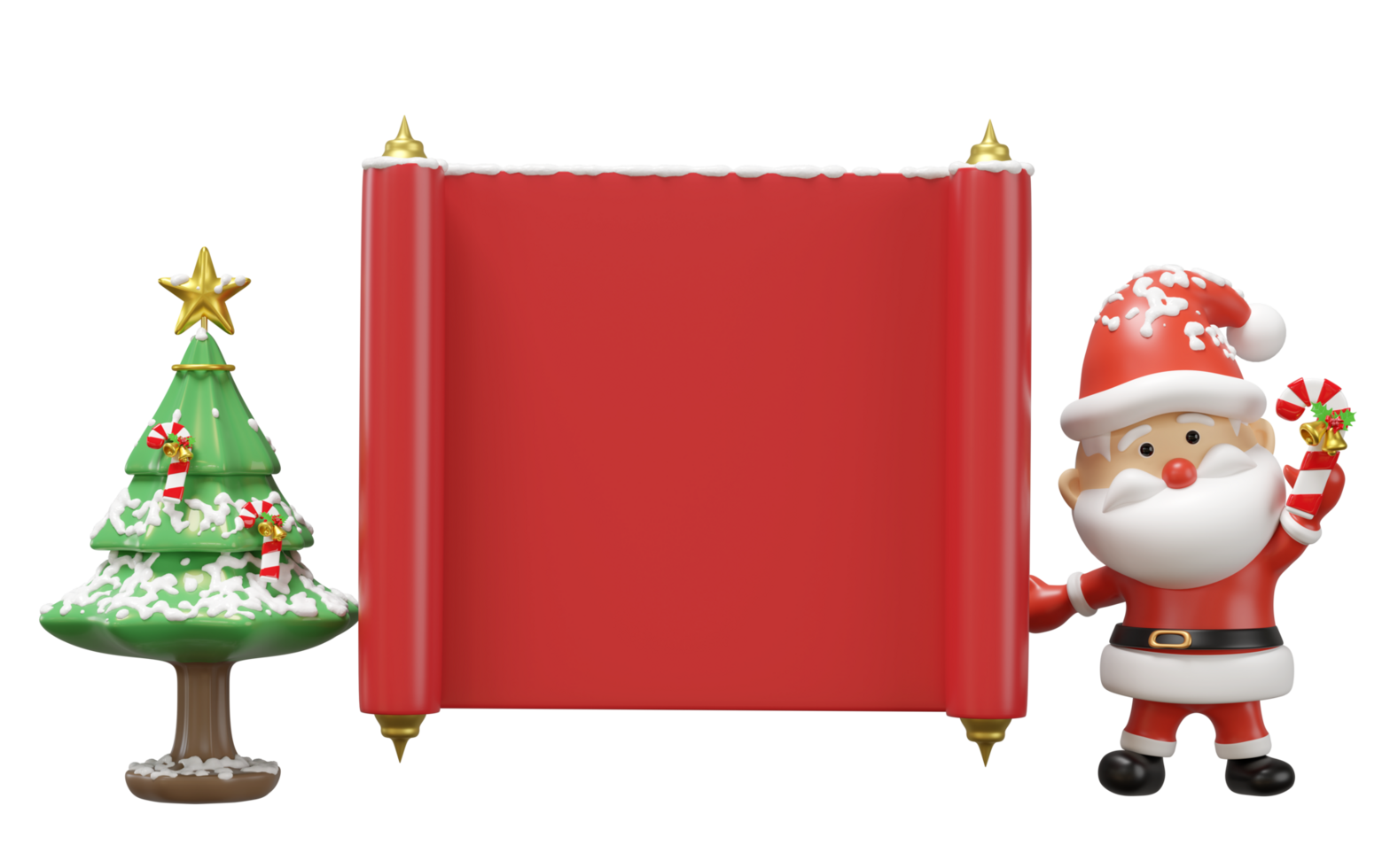 3d announcement roll banner with santa claus, christmas tree isolated. poster or happiness cards, merry christmas, festive new year concept, 3d render illustration png