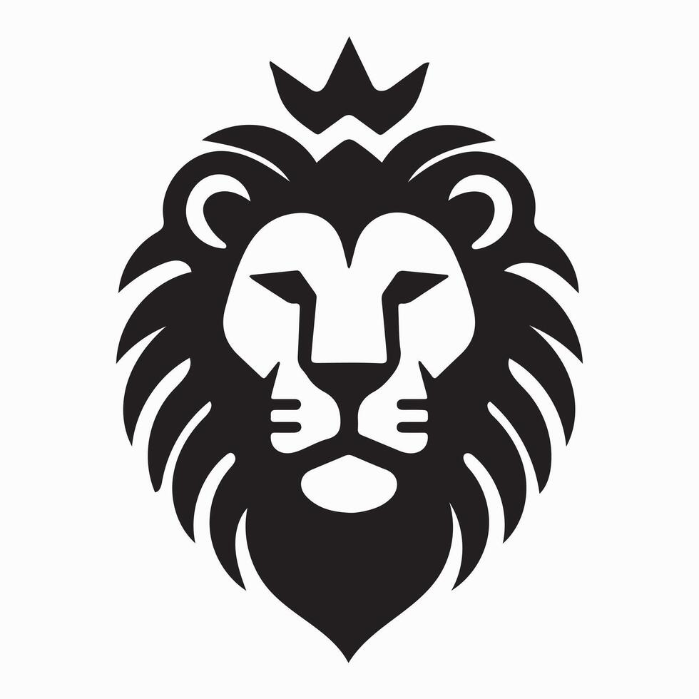 Lion head with crown icon, black and white vector