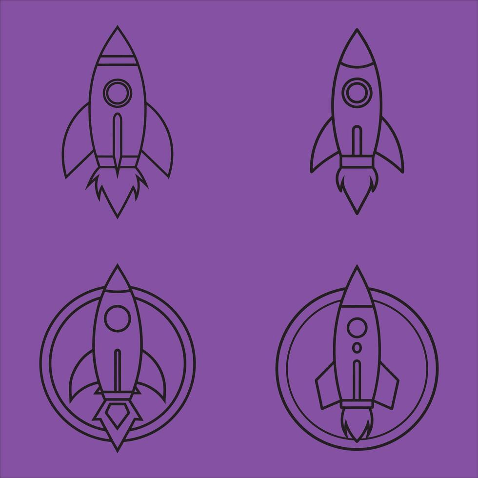 Set of black and white rocket icons on a purple background vector