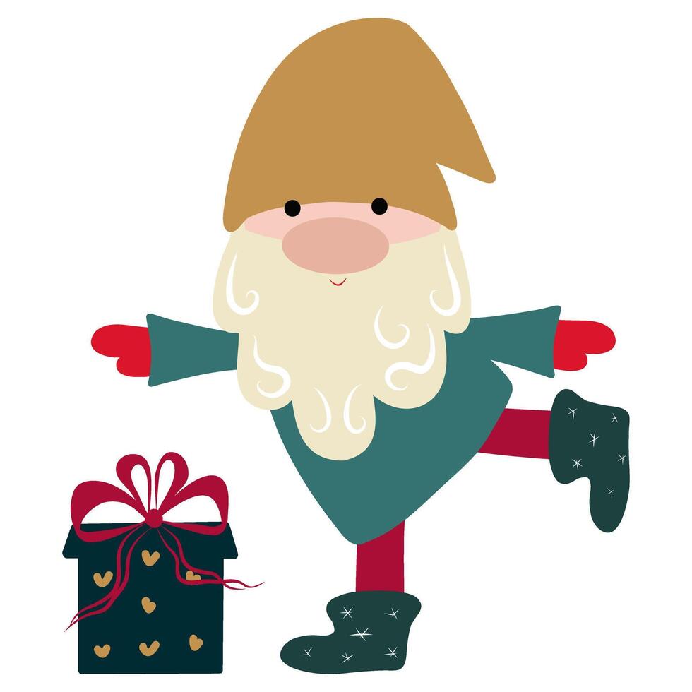 Dancing christmas gnome with a gift box . Cute scandinavian gnome in cartoon style. Greeting Christmas card with Scandinavian holiday characters isolated on white background. vector