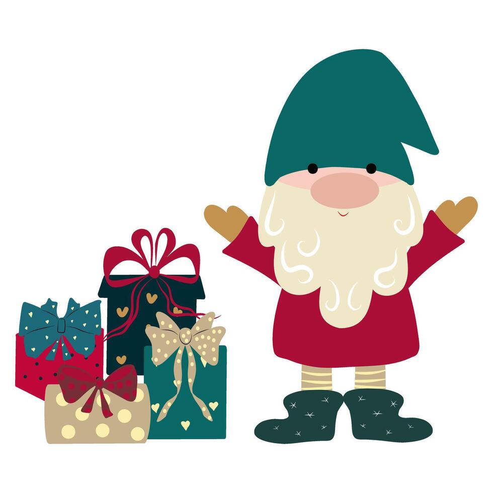 Hand drawn christmas gnome with a pile of gift boxes . Cute scandinavian gnome in cartoon style. Greeting Christmas card with Scandinavian holiday characters isolated on white background. vector