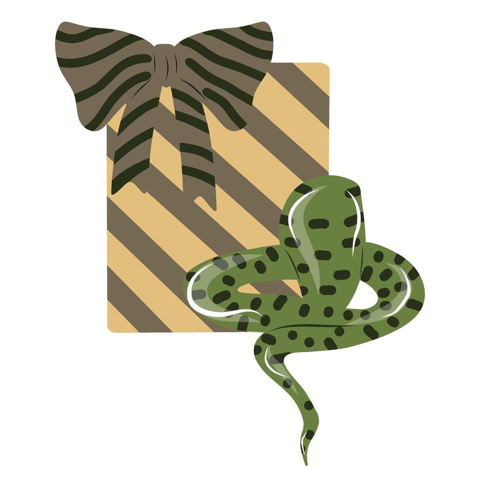 Hand drawn green snake sitting next to a gift box. Hand drawn Illustration, New Year of the Snake. vector