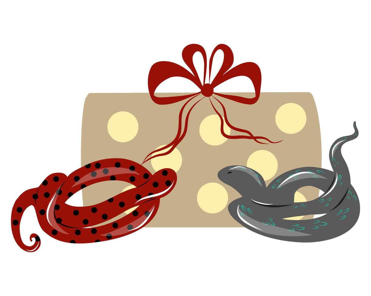 Two snakes of different shape and color and a gift box, hand drawn illustration, Year of the snake decorative illustration vector