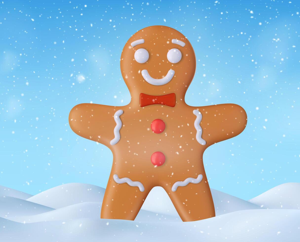 3D Holiday Gingerbread Man Cookie in Snow. vector
