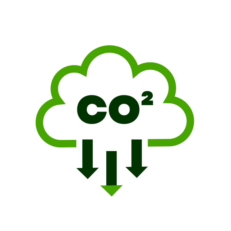 CO2 emission reduction icon. Eco friendly green cloud sign of carbon dioxide gas emission reduction. Zero carbon footprint flat style icon. Green ecology environment improvement concept. png