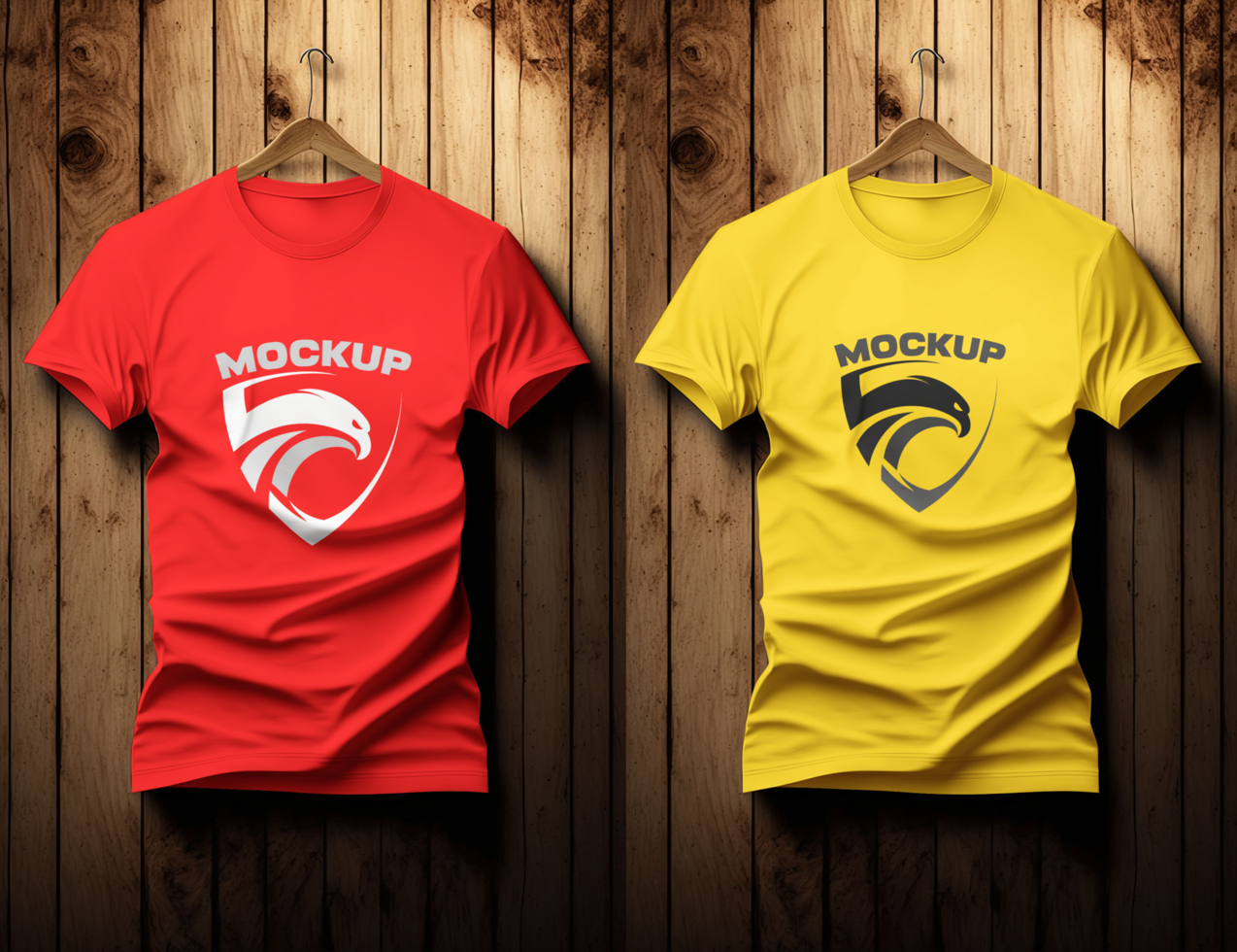 Two t - shirts mockup on wooden background psd