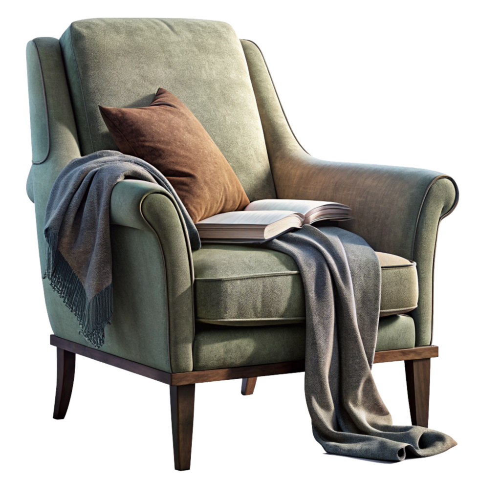 Plush Armchair Draped with a Warm Throw Blanket png