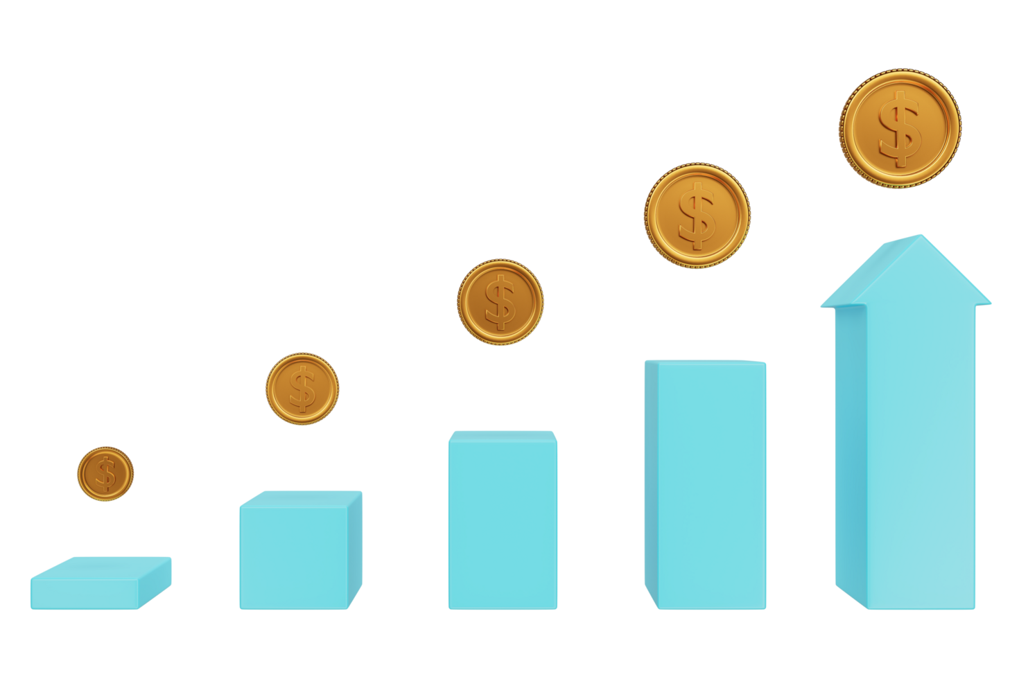 Gold icons floating on bar graph chart with The trend of growth in the value of money concept png