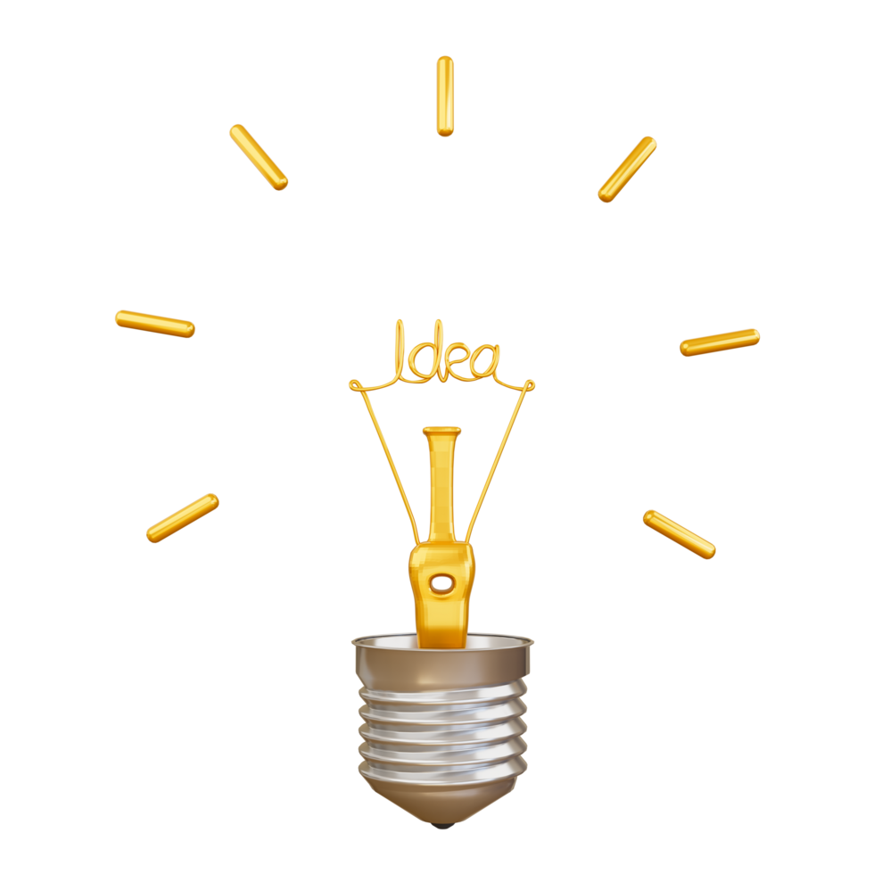 3D Realistic Yellow light bulb glowing on transparent background, Idea and innovation concept png