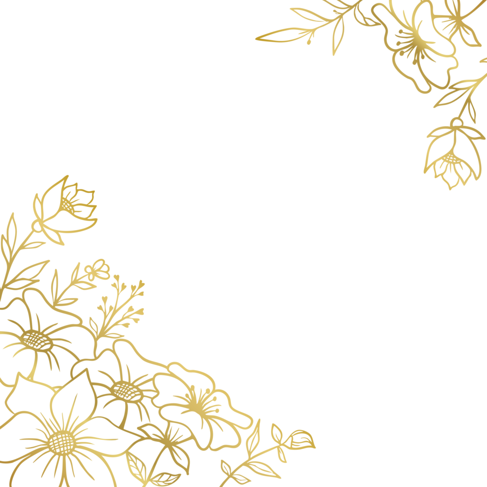Gold floral corner border rustic hand drawn line art flower and leaves png