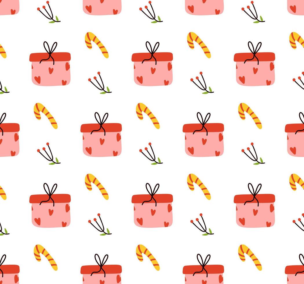 Gift box, lollipop, and berries seamless pattern. Holiday concept. vector
