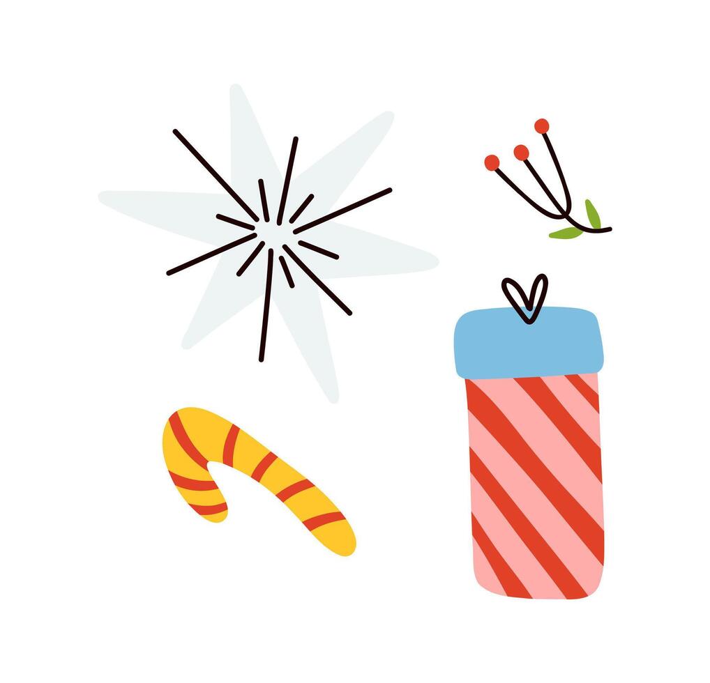Gift, lollipop, star and branch. Set of festive elements vector