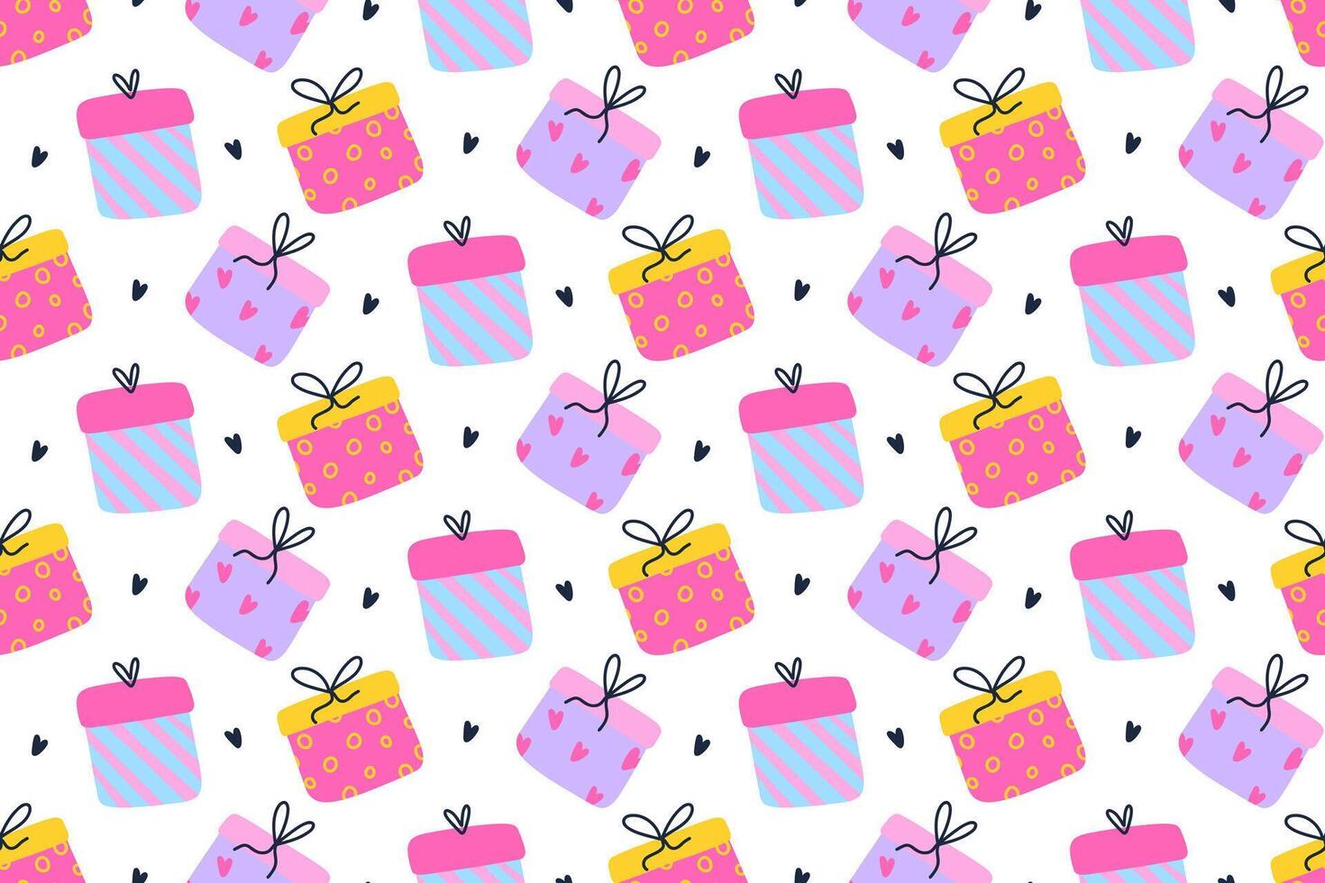 Seamless pattern with gift boxes and and with hearts. vector