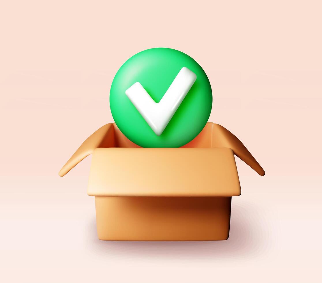 3d opened delivery box with checkmark. Render yes icon in open cardboard box. vector