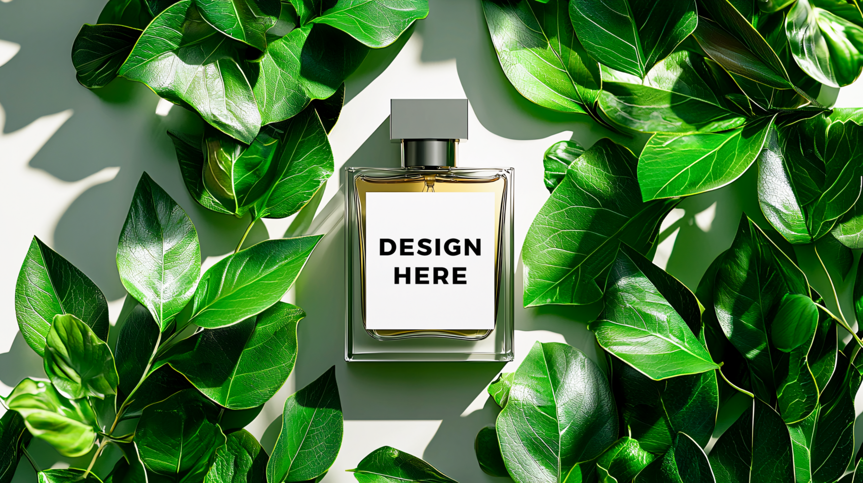 Perfume bottle mockup placed on green leaves for branding and advertising psd