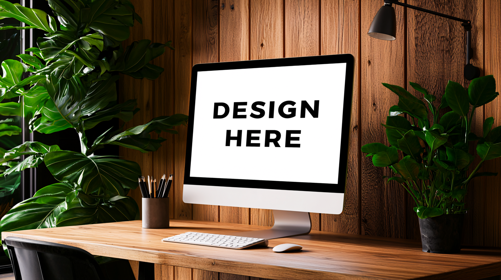 Monitor screen mockup on desk of home office for branding and design placement psd