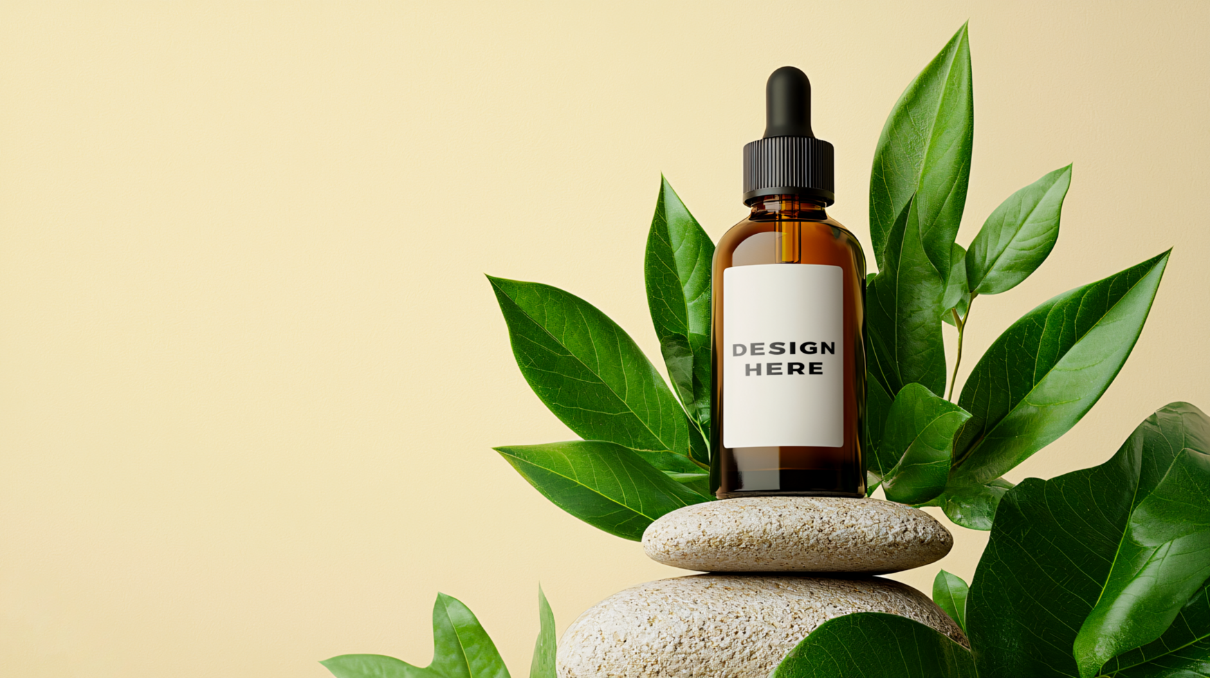 Facial oil bottle mockup on top of stone surrounded by green leaves psd
