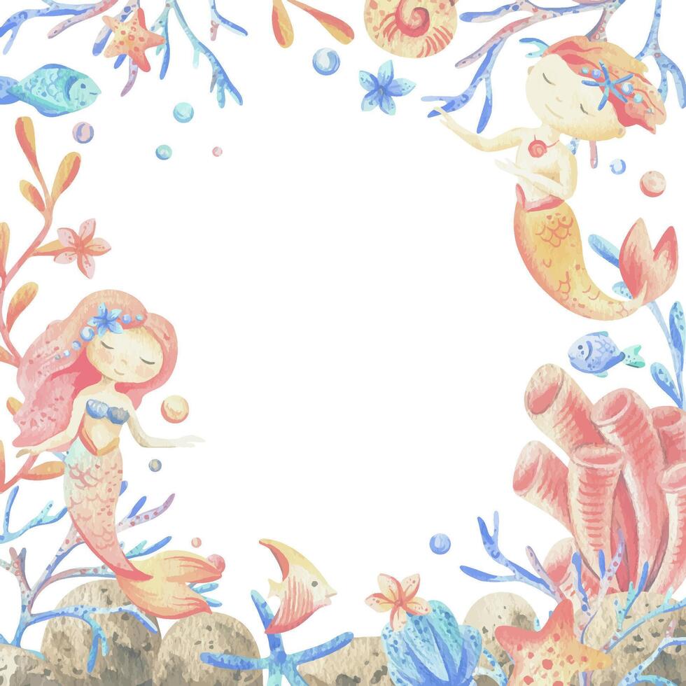 Mermaid little boy and girl with sea corals, algae, shells, starfish, fish, bubbles. Watercolor illustration hand drawn in coral, turquoise and blue colors. Square frame template vector