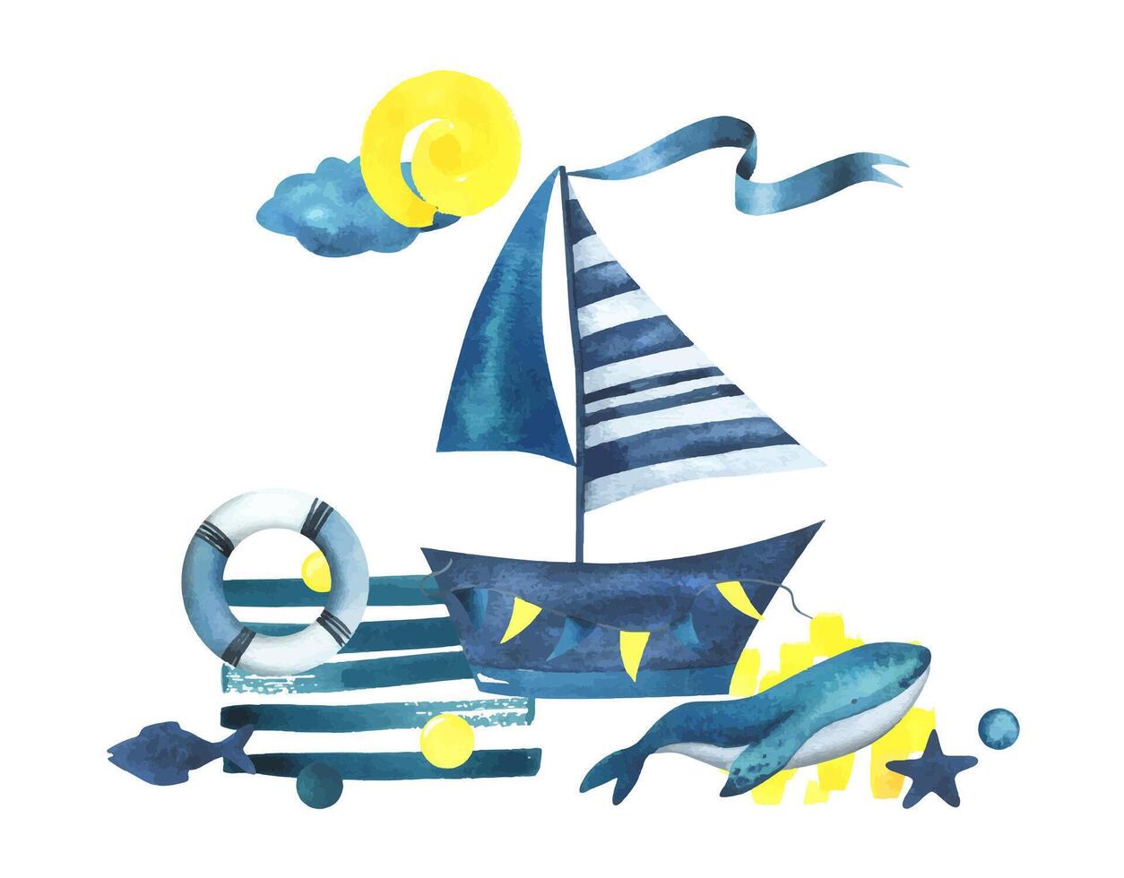 Sailing boat striped floats on the sea with a whale, seascape. Watercolor illustration hand drawn in children s style. Isolated composition on a white background. vector