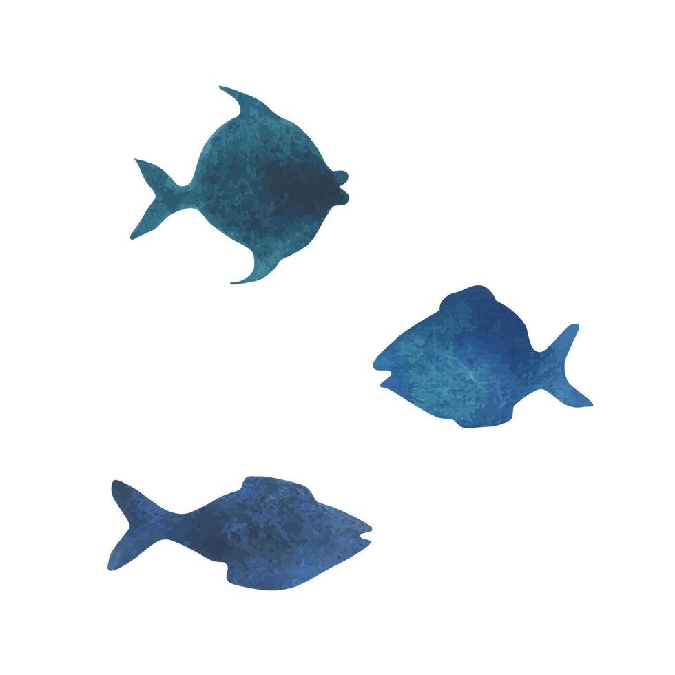 Simple blue fish silhouettes. Watercolor illustration hand drawn in children s style. Set of isolated objects on a white background. vector