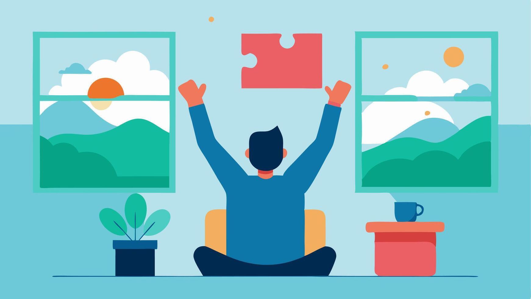 That Moment When You Find the Last Piece of a Puzzle An adult sits at a table arms outstretched in triumph as they hold the final puzzle piece above a completed puzzle. The puzzle. vector