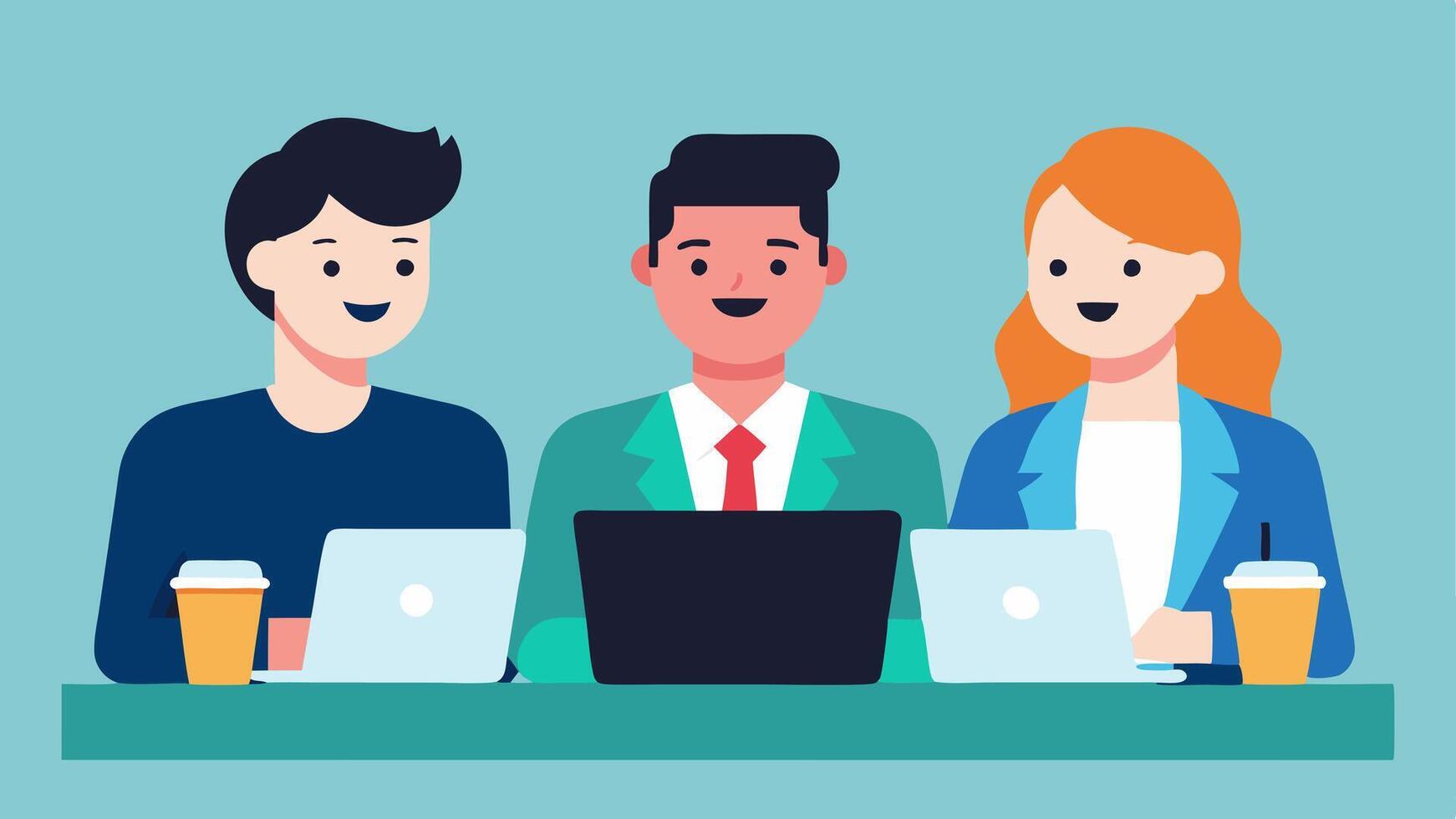 Team Negotiation Three colleagues in business attire at a coffee shop each with a laptop and phone collaborating on finding the best deals on office supplies.. vector