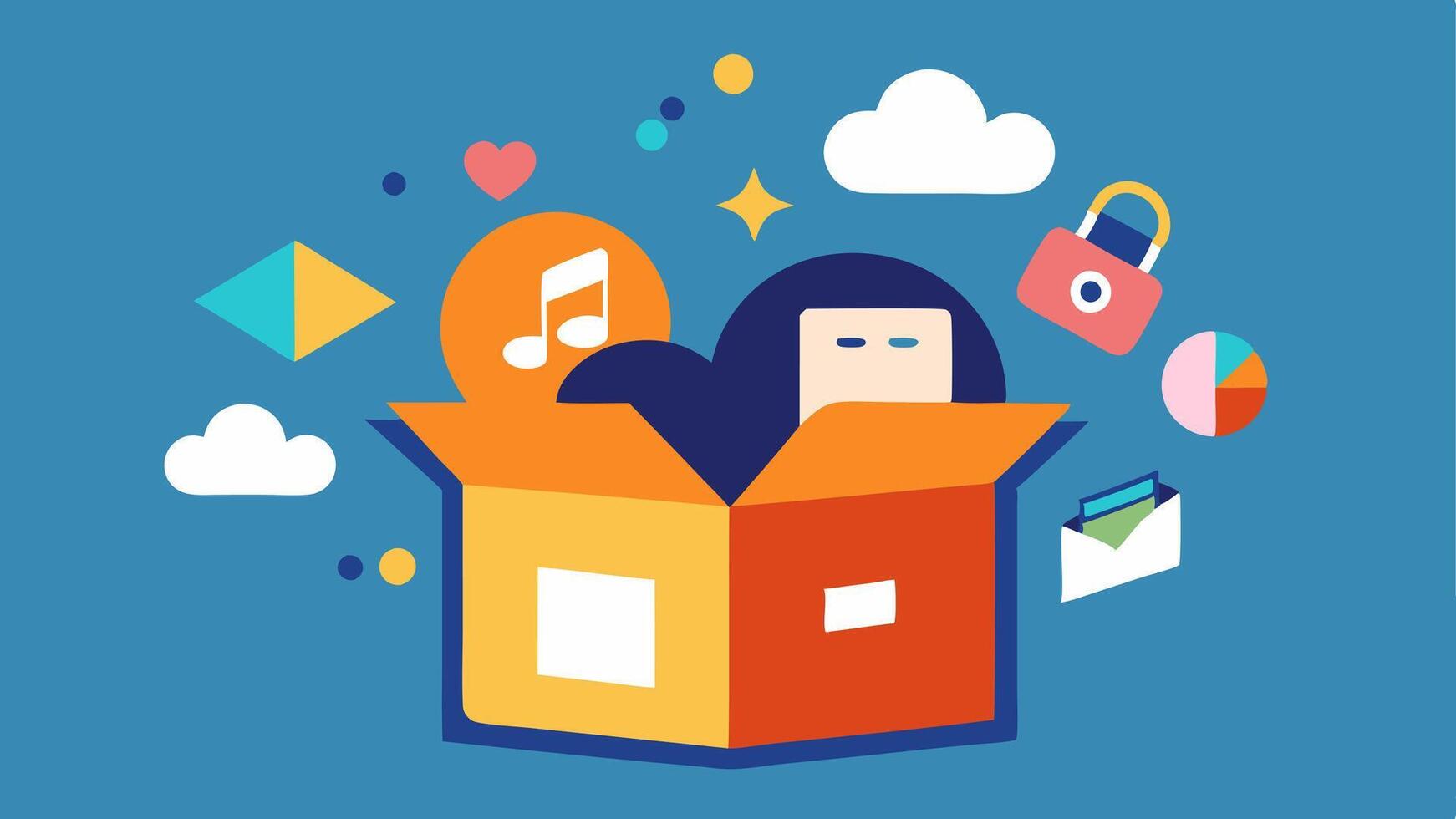 Virtual Subscription Box A whimsical digital box overflowing with icons of eBooks music tracks and digital art symbolizing the joy of receiving digital content monthly.. vector