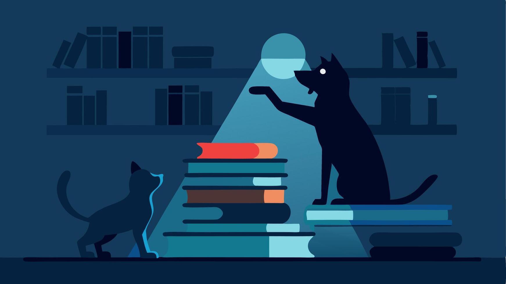 Unveiling the Culprit The scene captures a dramatic moment in a dim library. The dog is standing on a stack of books pointing with a paw to a shadowy figure peeking from behind a. vector