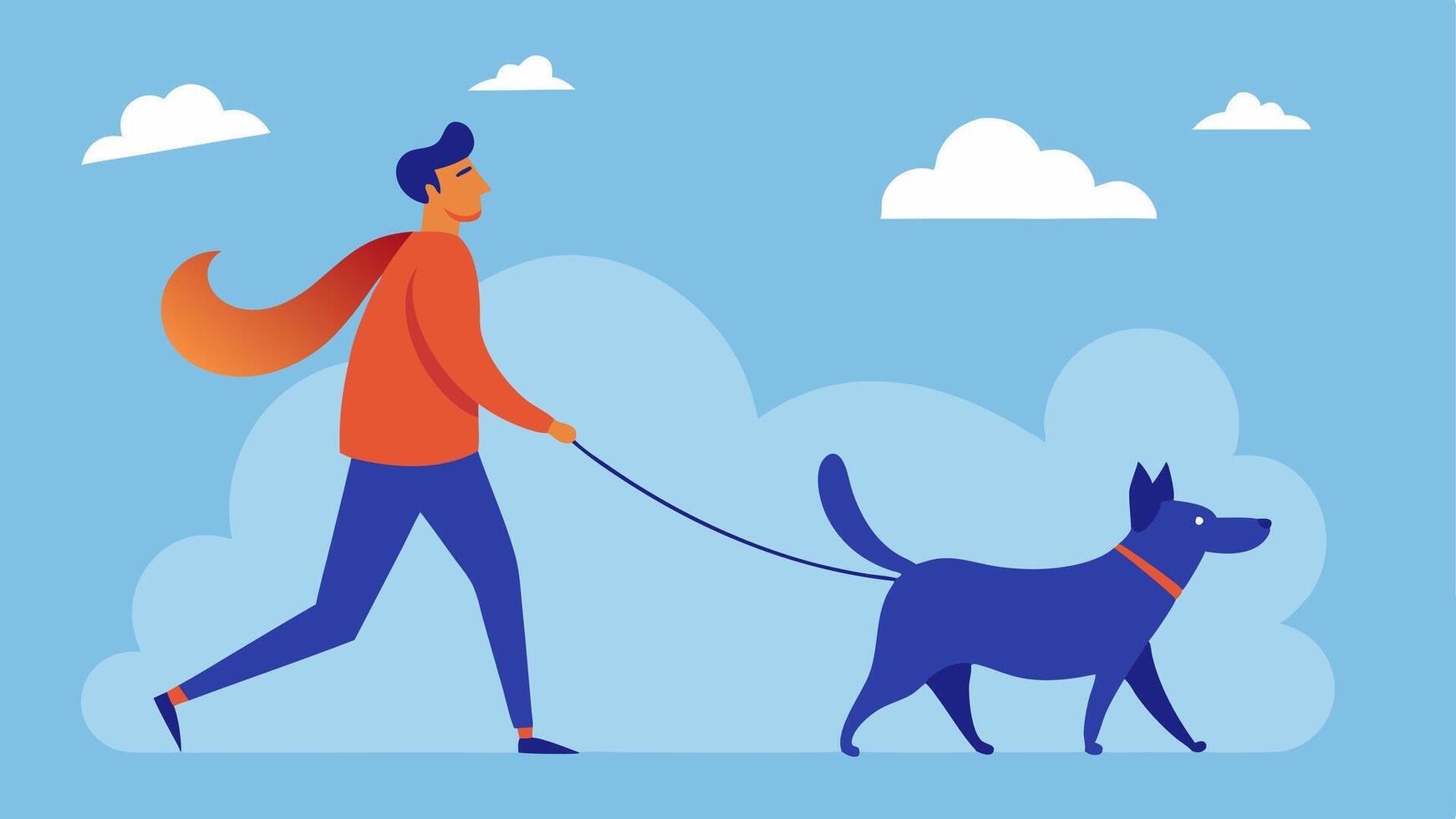 Windy Day Adventure A mediumsized dog confidently leads its owner against the wind. The humans hair and clothes billow as they grip the leash tightly. The dogs expression is one of. vector
