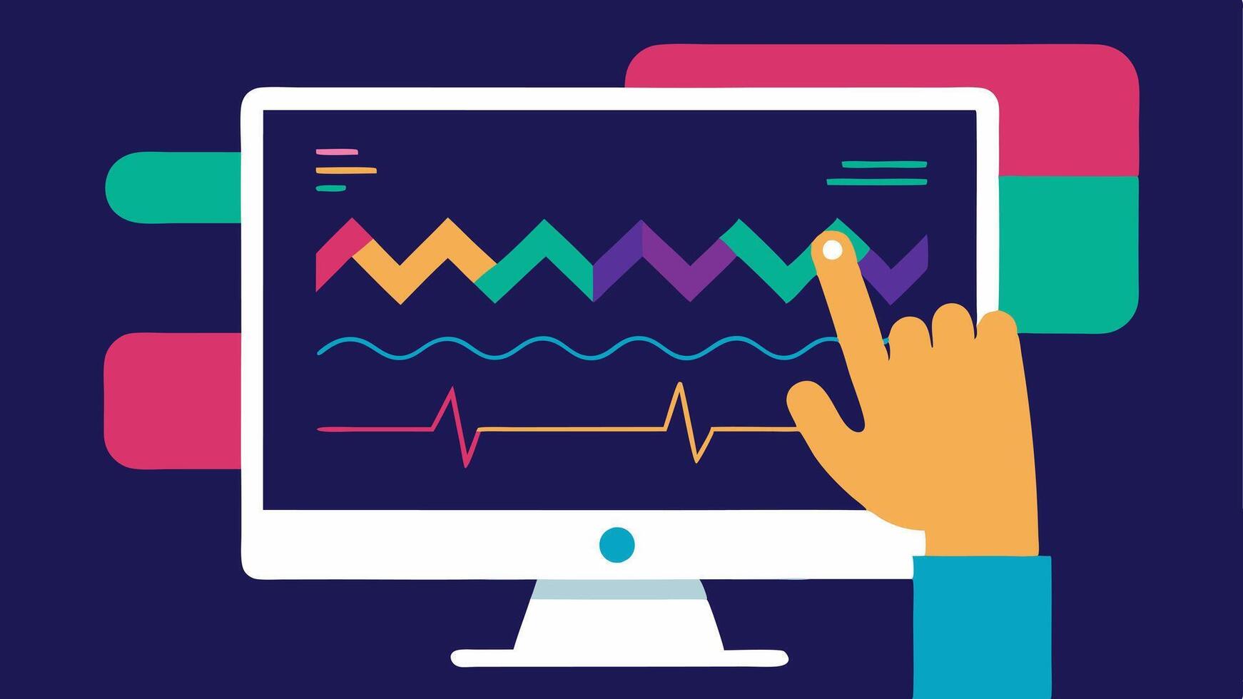 Monitor Screen An illustration of a computer screen displaying colorful waveforms and graphs that represent brainwave patterns with a hand adjusting settings using a touch. vector