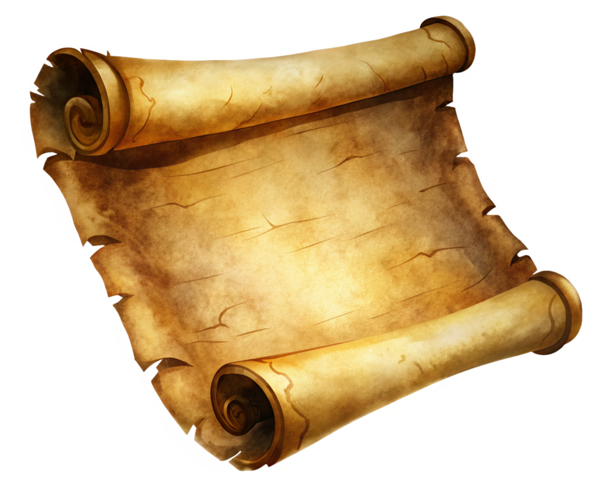 Old Parchment Scroll with Aged Script and Weathered Paper png