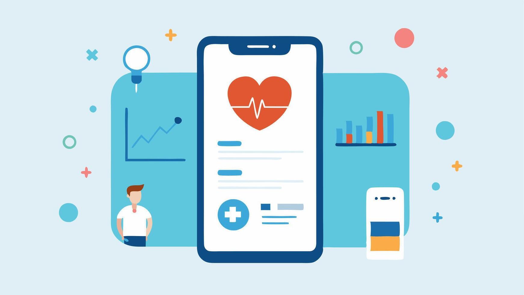 Mobile Health Application A smartphone displaying a health scan app with a graphical overview of vital statistics reminders for followup scans and health tips.. vector