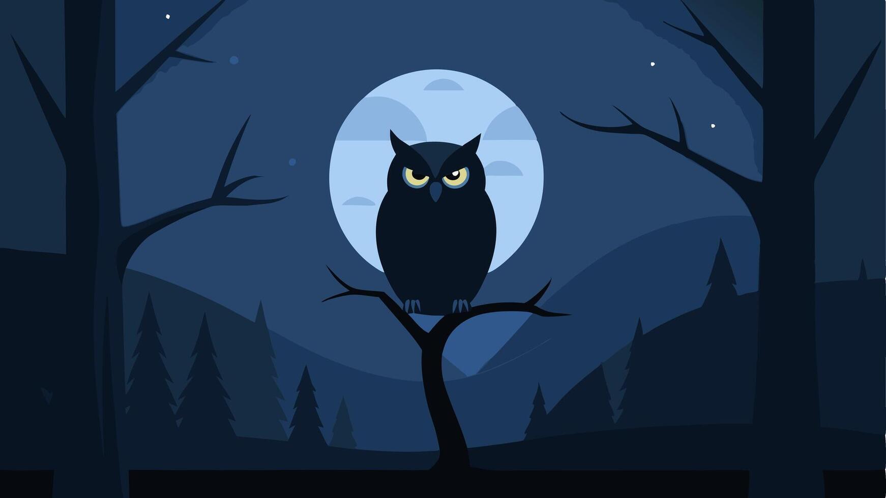 Wise Owl in a Night Forest A wise owl sits perched on a branch of a tall tree in a dark forest setting. The night sky is dotted with ling stars and a full moon casts a soft glow on. vector