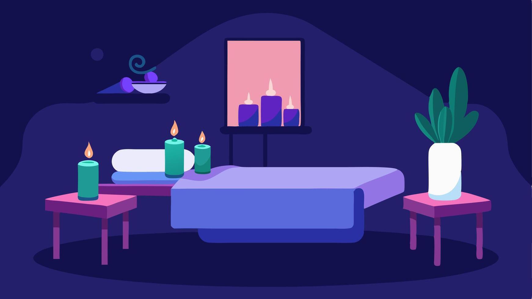 Massage Therapy Room A calming massage room with ambient lighting featuring a massage table aromatic oils and candles conveying a sense of relaxation and rejuvenation.. vector