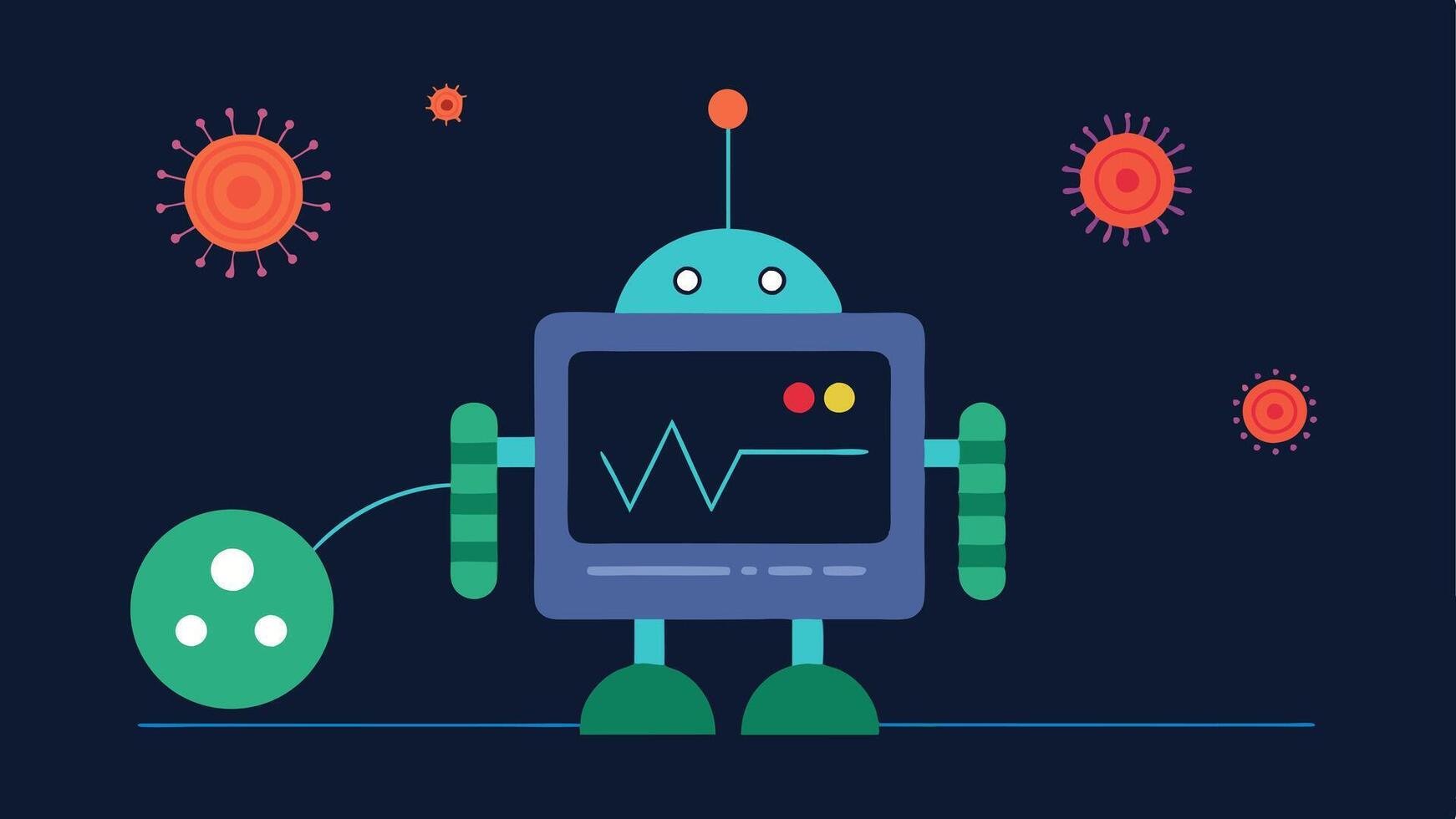 Monitoring Vital Signs A nanobot with a display screen monitoring closest cells health status with visual waves representing realtime data transmission.. vector