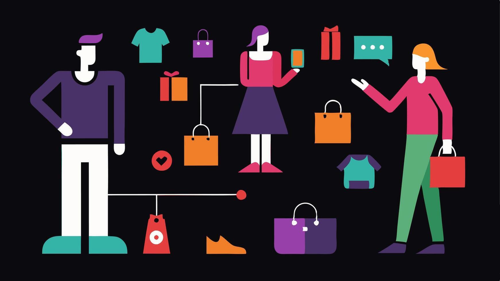 These descriptions provide a visual concept for each scenario related to online fashion shopping on Black Friday.. vector