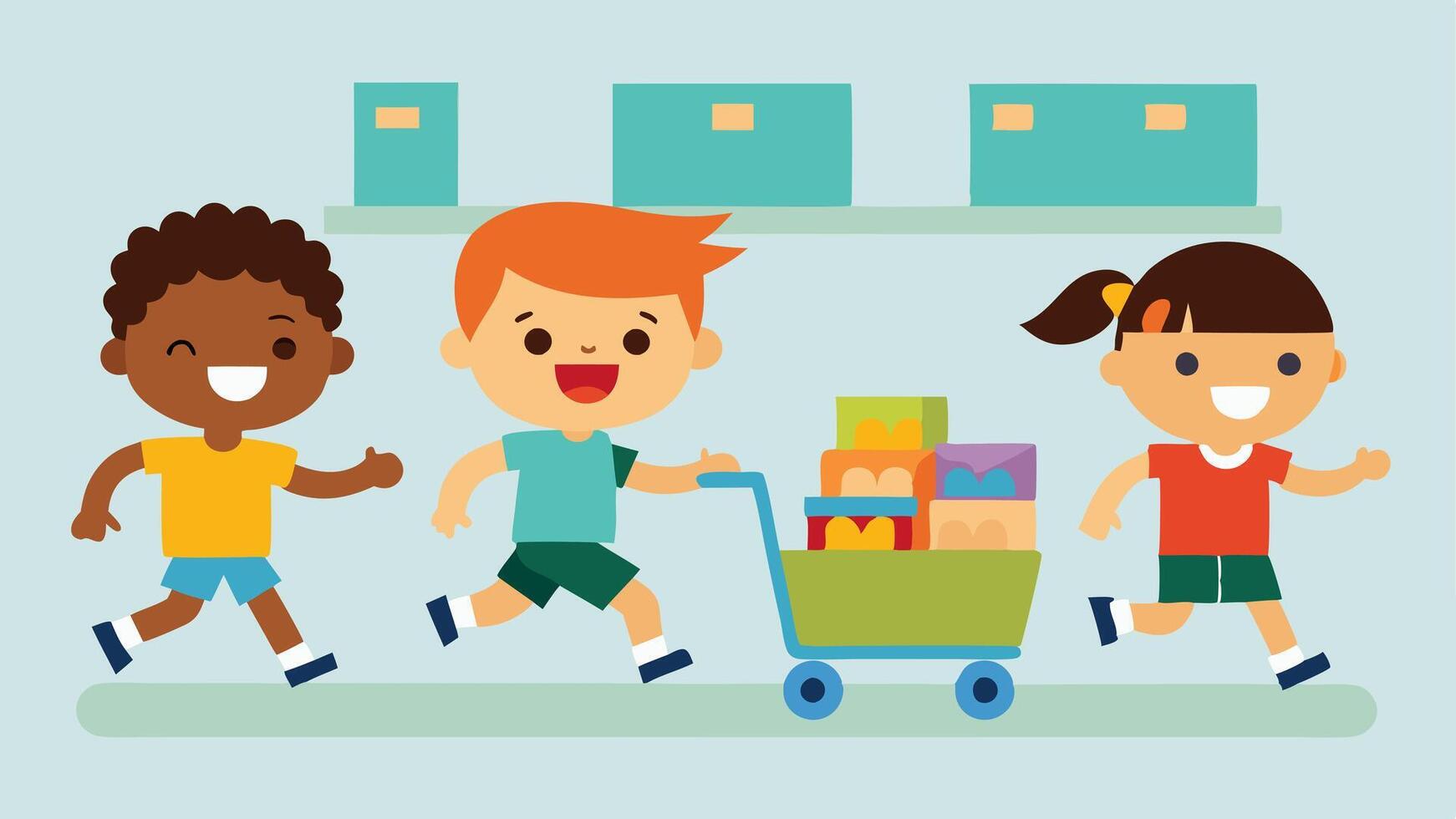 Toy Aisle Dash Children eagerly racing with small carts through an aisle filled with toy boxes their faces full of excitement and wonder.. vector