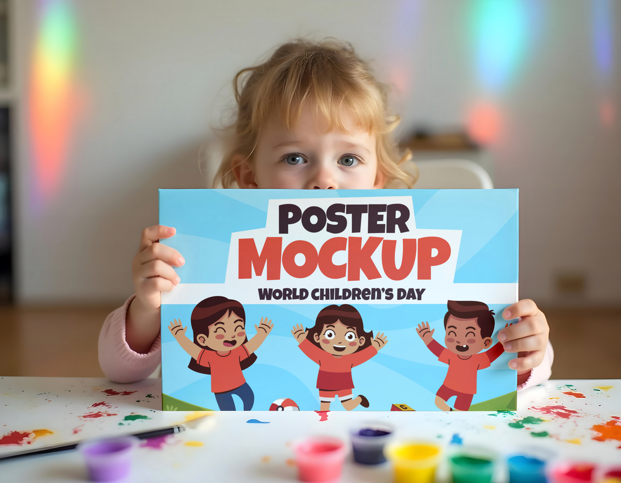 kids holding paper poster mockup psd
